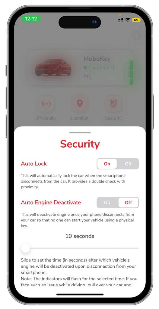 Screenshot of MoboKey car security app: Seamlessly secure your car with advanced features.